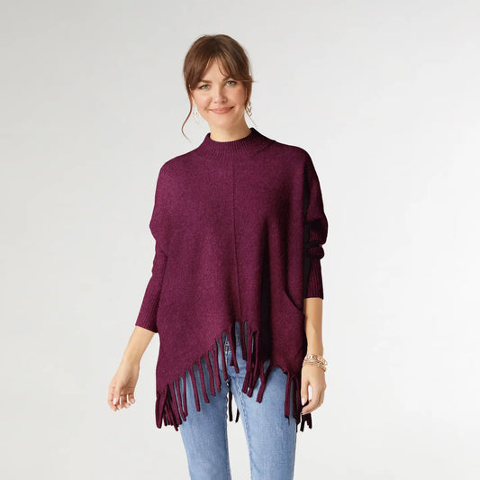 Heavenly-Luxe Flowy Mock Neck Fringe Sweater - Boysenberry