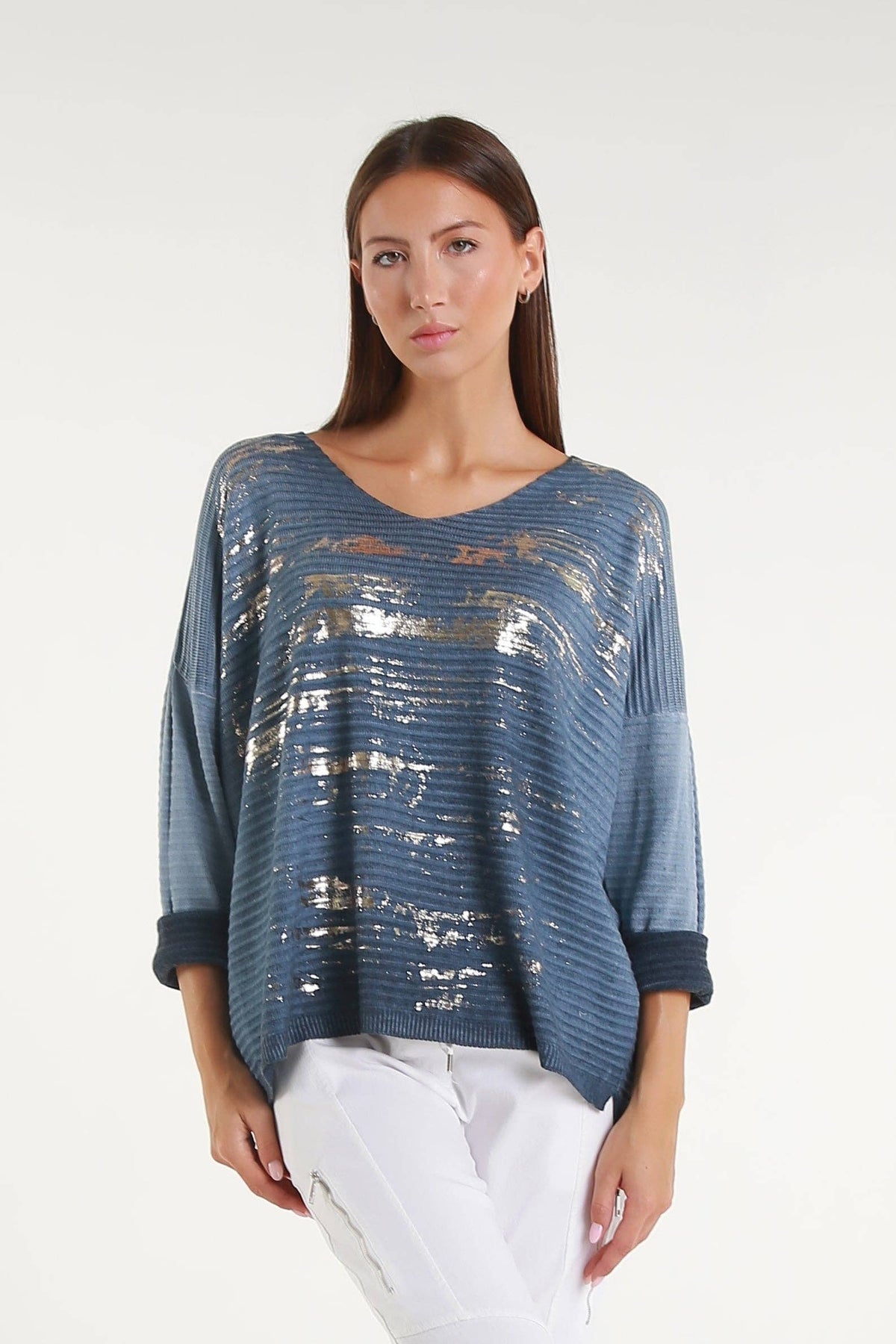 Emilia Metallic Accent Ribbed Knit Top Navy One Size