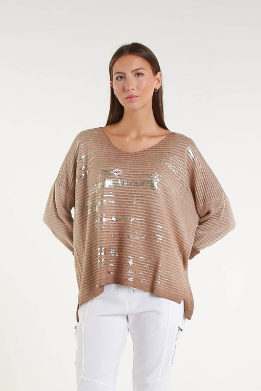 Emilia Metallic Accent Ribbed Knit Top Camel