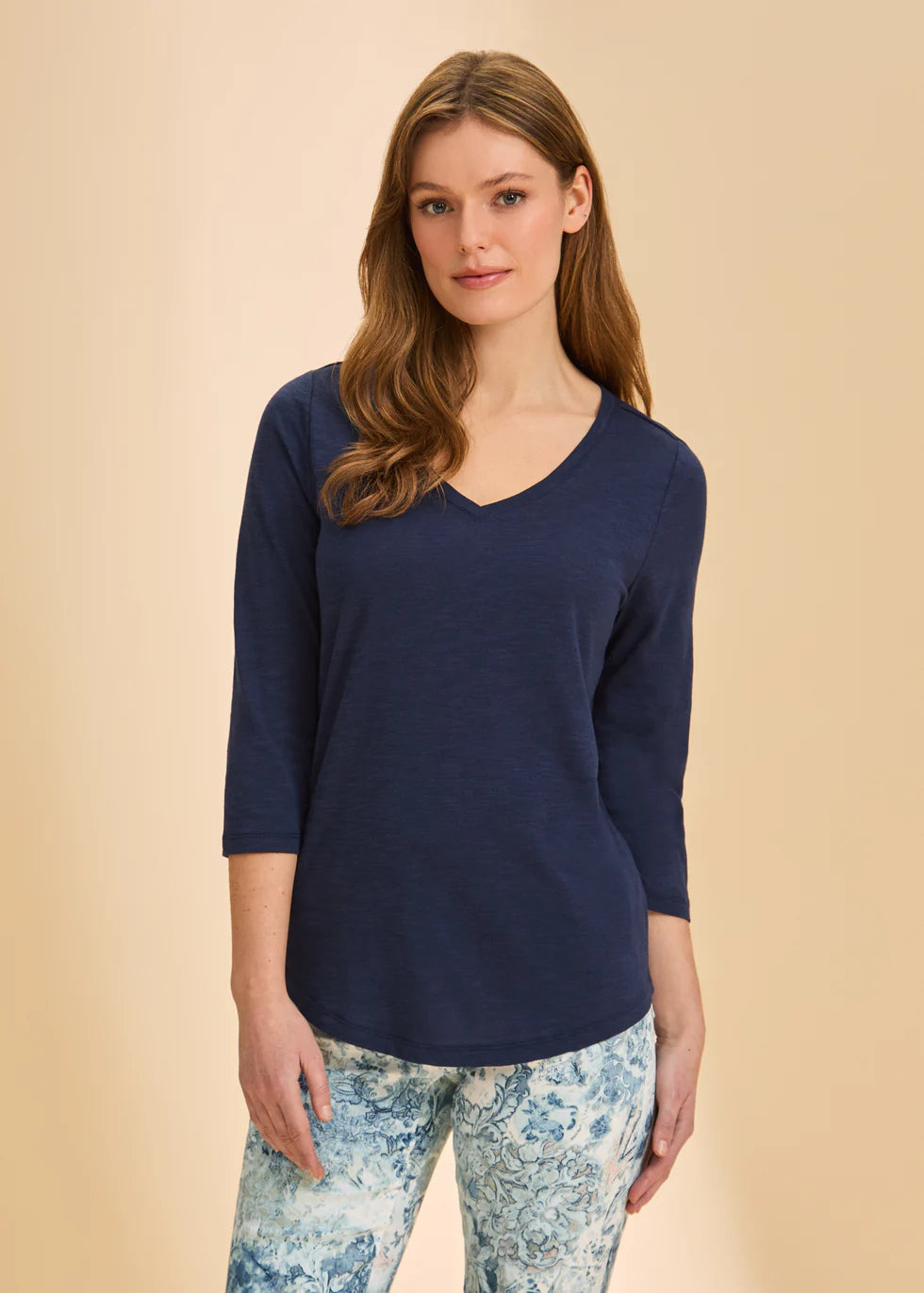 3/4 Sleeve V-Neck Top- Navy