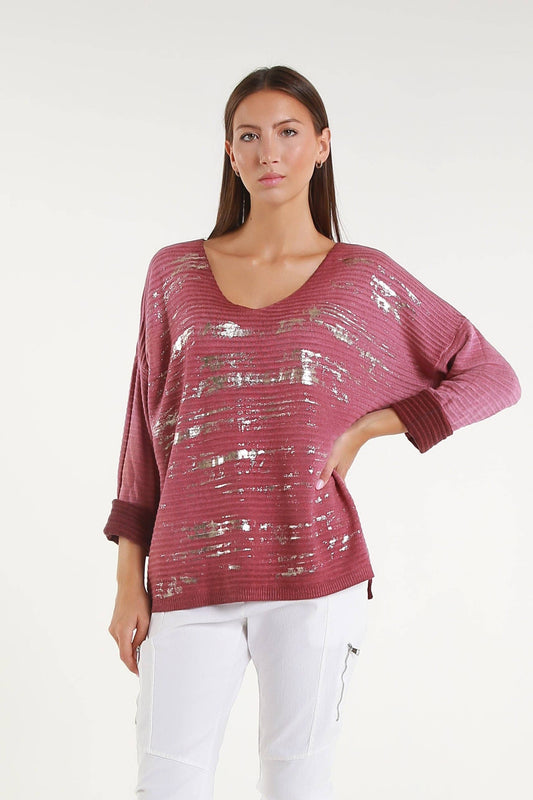 Emilia Metallic Accent Ribbed Knit Top Dark Wine