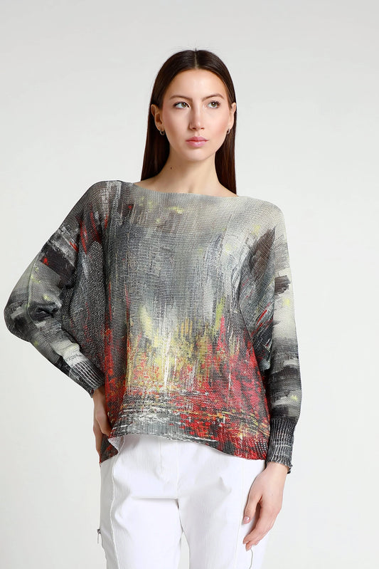 Abstract Danielle Red Multi Batwing Open Knit Sweater