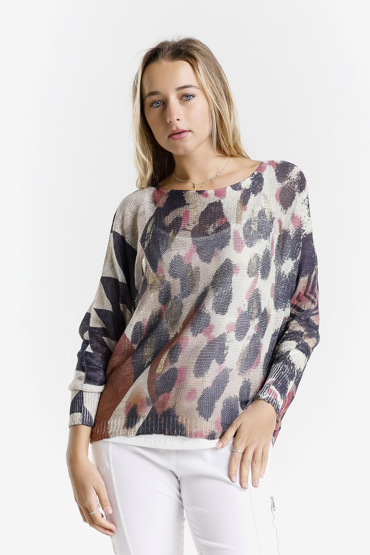 Splash Leopard Danielle Batwing Open Knit Sweater
