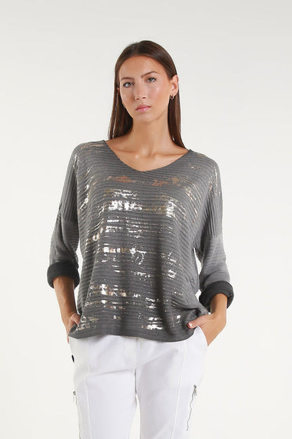 Emilia Metallic Accent Ribbed Knit Top