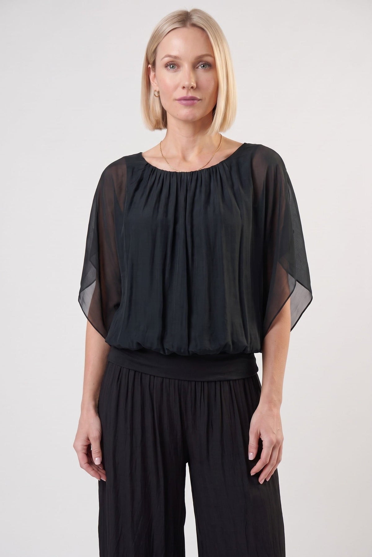 Aurora Flutter Fly Sleeve Silk Top w/ Band Bottom Black