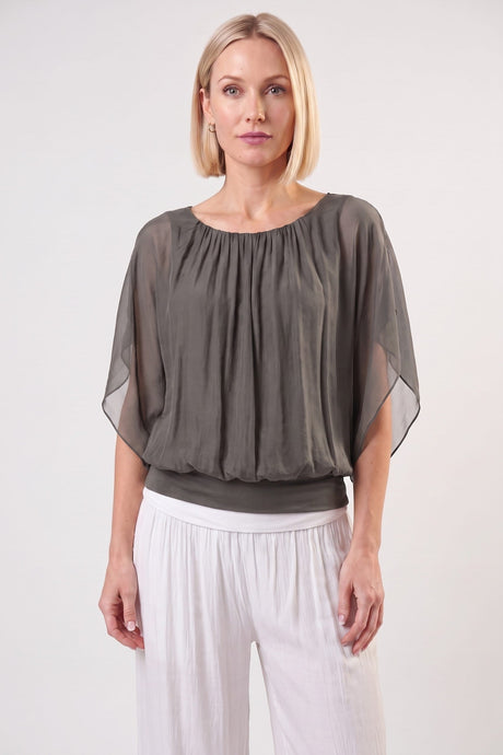 Aurora Flutter Fly Sleeve Silk Top w/ Band Bottom Army