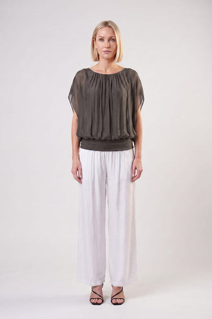 Aurora Flutter Fly Sleeve Silk Top w/ Band Bottom Army