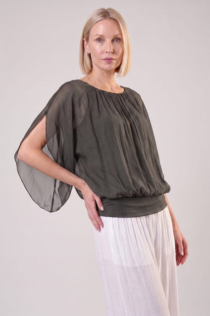 Aurora Flutter Fly Sleeve Silk Top w/ Band Bottom Army