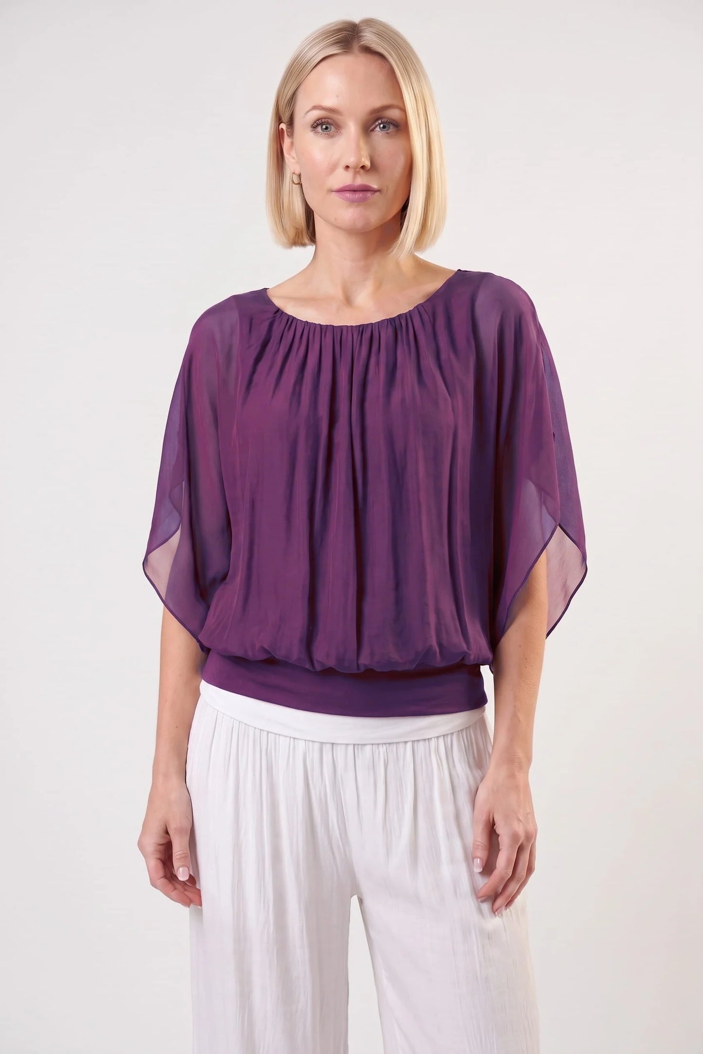 Aurora Flutter Fly Sleeve Silk Top w/ Band Bottom