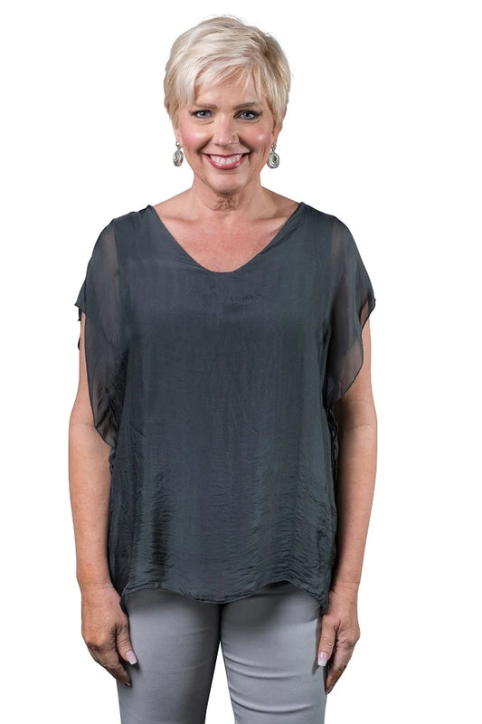 Alyssa Silk Flutter Sleeve Charcoal Top