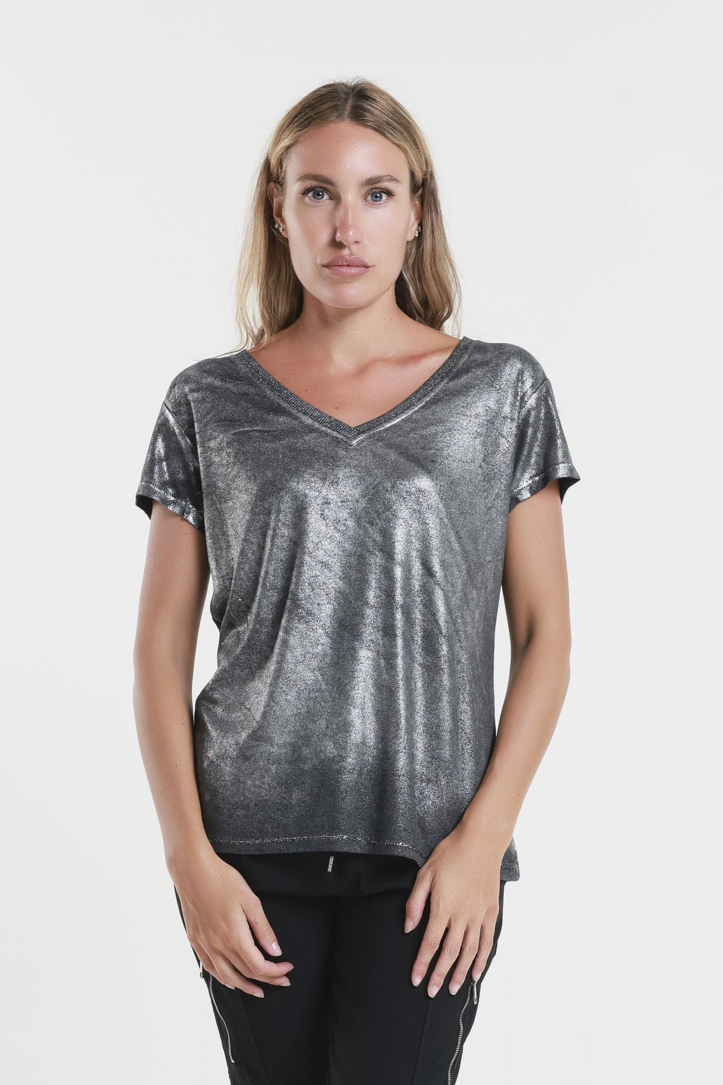 Genie Short Sleeve Laminated Front Top Black w Silver