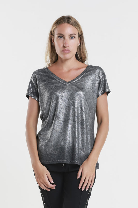 Genie Short Sleeve Laminated Front Top Black w Silver