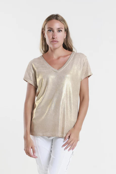 Genie Short Sleeve Laminated Front Top Camel w/ Gold