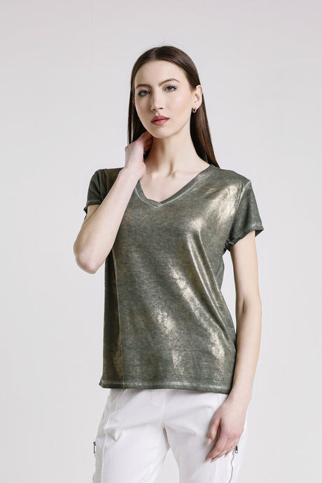 Genie Short Sleeve Laminated Front Top Army with Gold