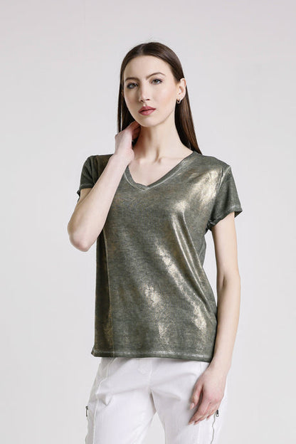 Genie Short Sleeve Laminated Front Top Army with Gold