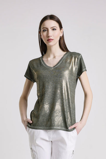 Genie Short Sleeve Laminated Front Top Army with Gold