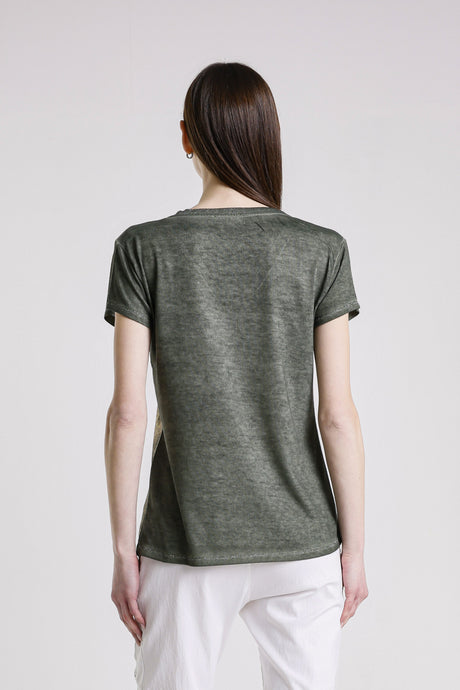 Genie Short Sleeve Laminated Front Top Army with Gold