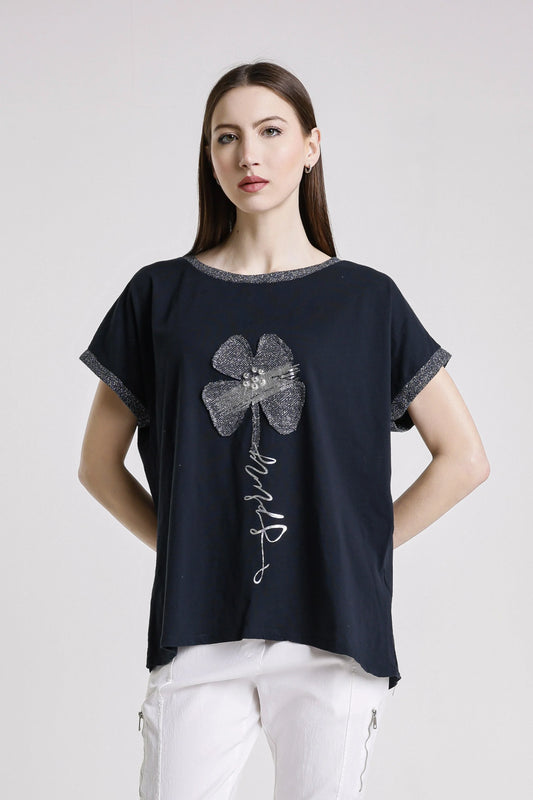Vanya Flower Black Short Sleeve Applique T-Shirt