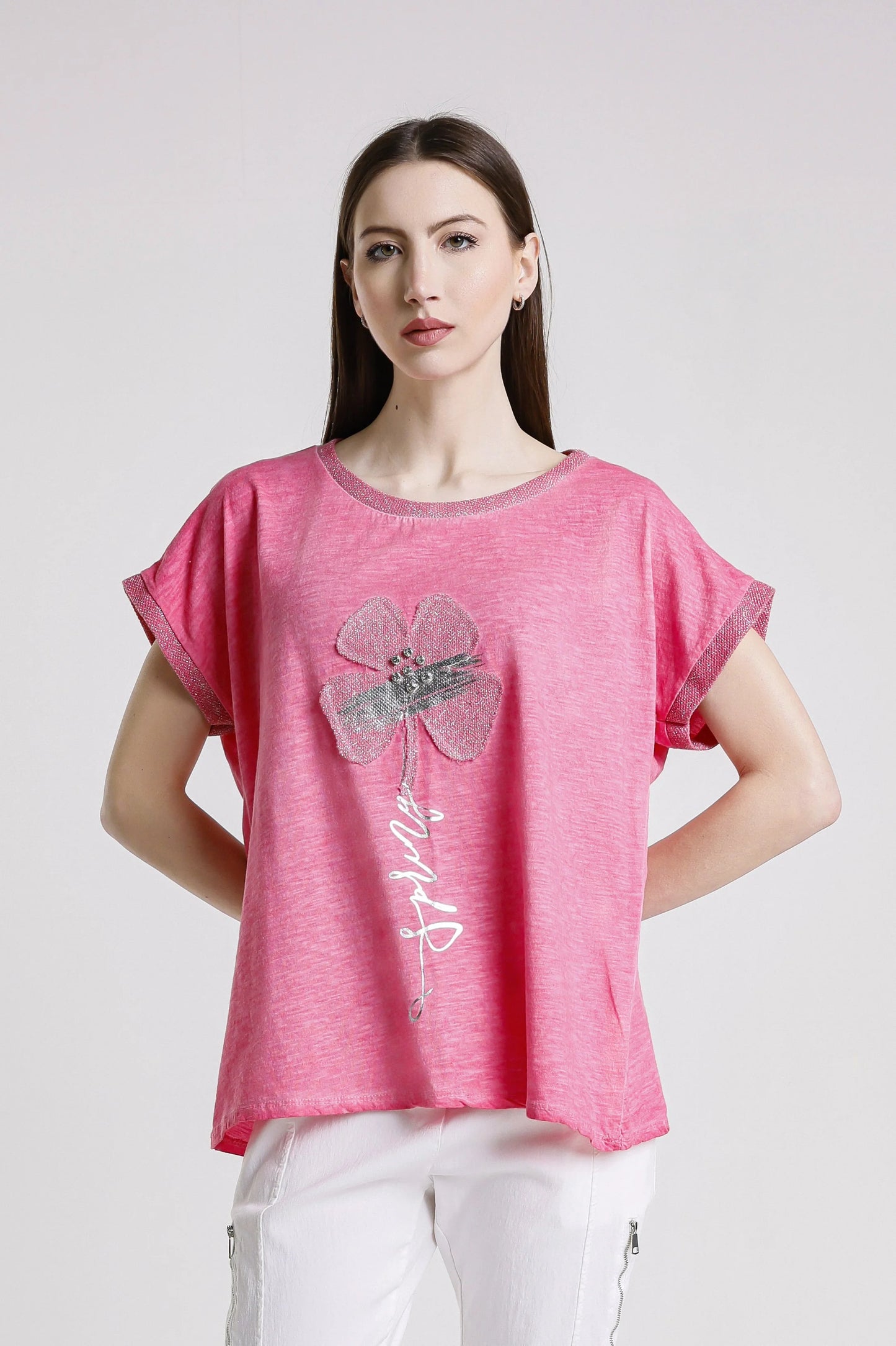 Vanya Flower Fuchsia Short Sleeve Applique T-Shirt
