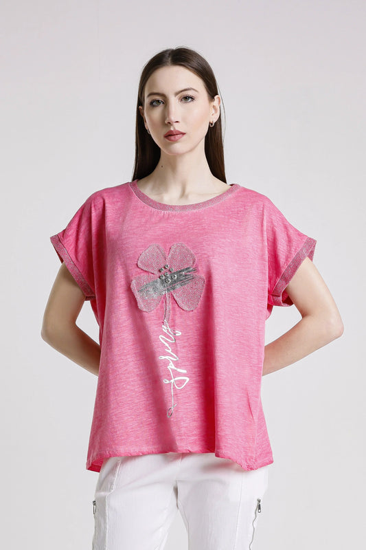 Vanya Flower Fuchsia Short Sleeve Applique T-Shirt