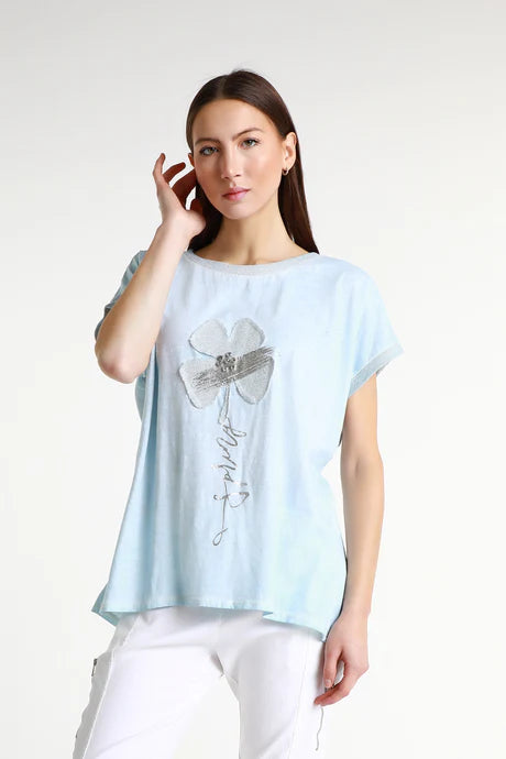 Vanya Flower Sky Blue Short Sleeve Applique T-Shirt