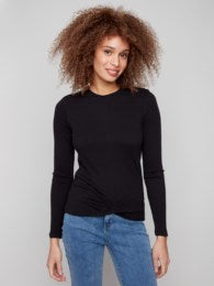 Long Sleeve Crew Neck Faux Front Knot Textured Knit Top