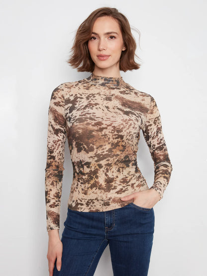 Printed Mesh Mock Neck Top - Country