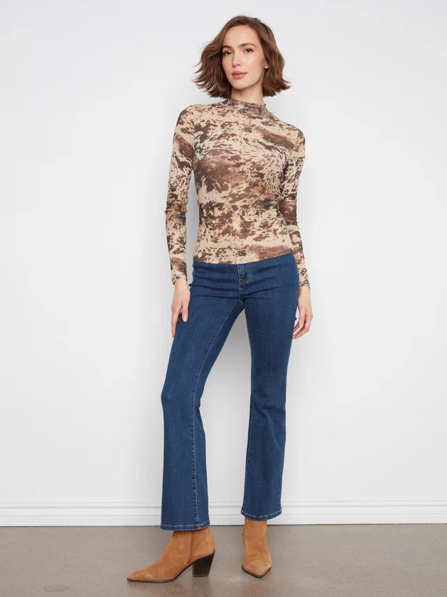 Printed Mesh Mock Neck Top - Country