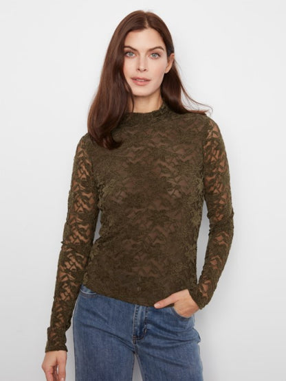 LFlocked Lace Long Sleeve Mock Neck Top Olive