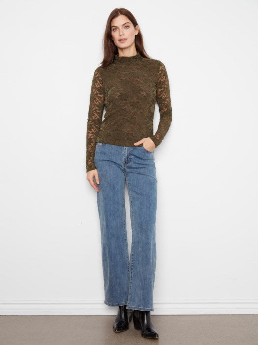 LFlocked Lace Long Sleeve Mock Neck Top Olive