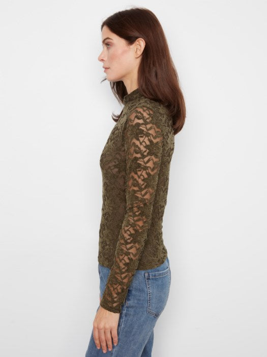 LFlocked Lace Long Sleeve Mock Neck Top Olive