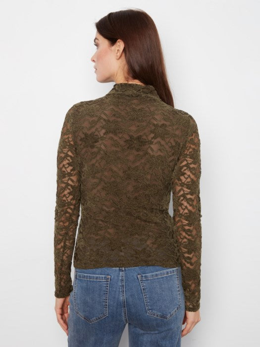 LFlocked Lace Long Sleeve Mock Neck Top Olive