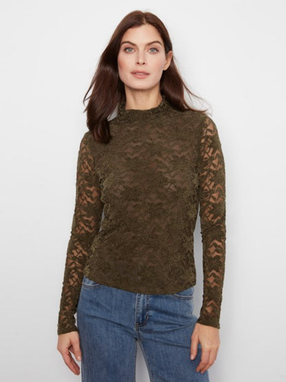 LFlocked Lace Long Sleeve Mock Neck Top Olive