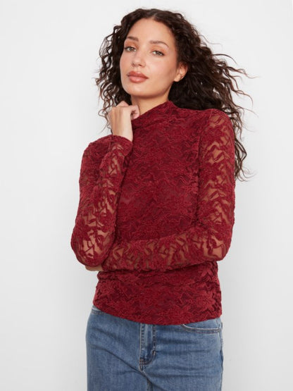 LFlocked Lace Long Sleeve Mock Neck Top Merlot