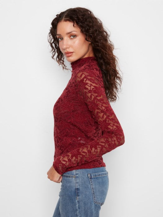 LFlocked Lace Long Sleeve Mock Neck Top Merlot