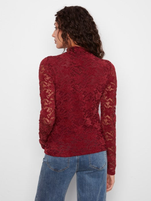 LFlocked Lace Long Sleeve Mock Neck Top Merlot