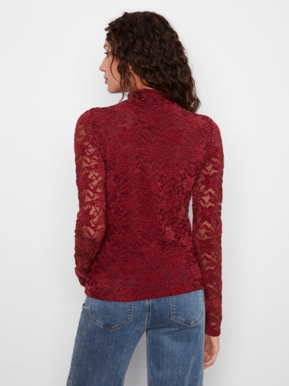 LFlocked Lace Long Sleeve Mock Neck Top Merlot