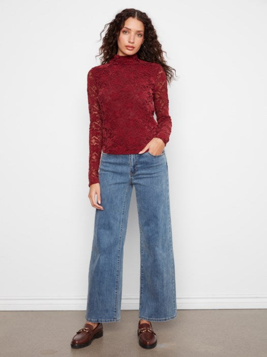 LFlocked Lace Long Sleeve Mock Neck Top Merlot