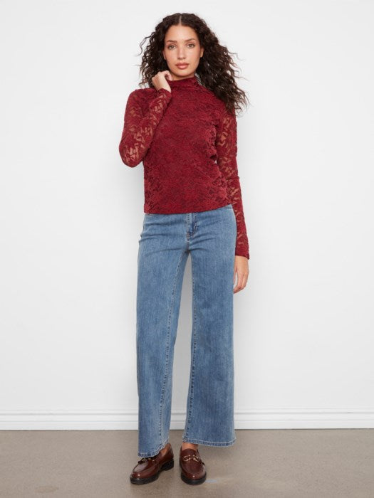 LFlocked Lace Long Sleeve Mock Neck Top Merlot
