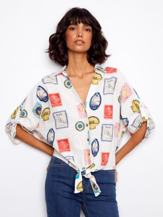 Printed Linen Blend Front-Tie Blouse