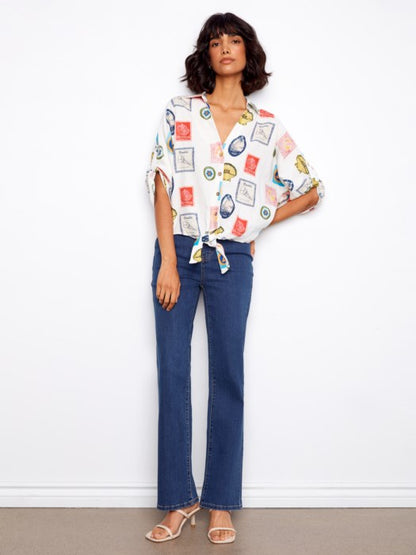 Printed Linen Blend Front-Tie Blouse