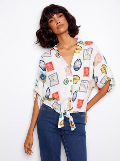 Printed Linen Blend Front-Tie Blouse