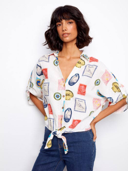 Printed Linen Blend Front-Tie Blouse