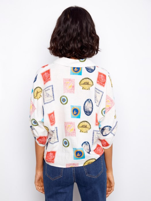 Printed Linen Blend Front-Tie Blouse