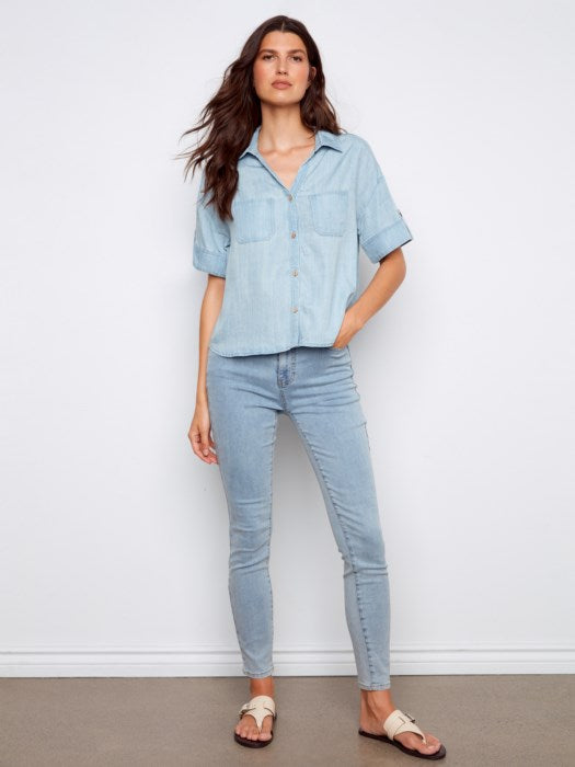 Short Sleeve Button-Front Tencel Shirt