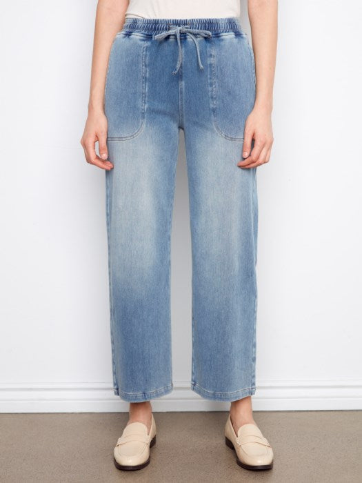 Knit Denim Wide Leg Jogger Pants