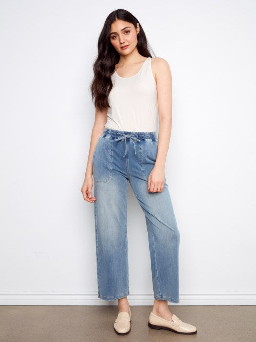 Knit Denim Wide Leg Jogger Pants