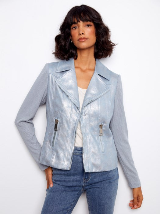 Faux Suede Mixed-Media Moto Jacket Haze
