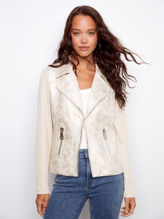 Faux Suede Mixed-Media Moto Jacket Pearl