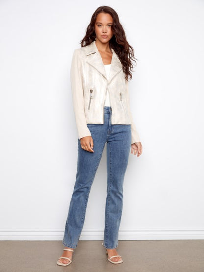 Faux Suede Mixed-Media Moto Jacket Pearl
